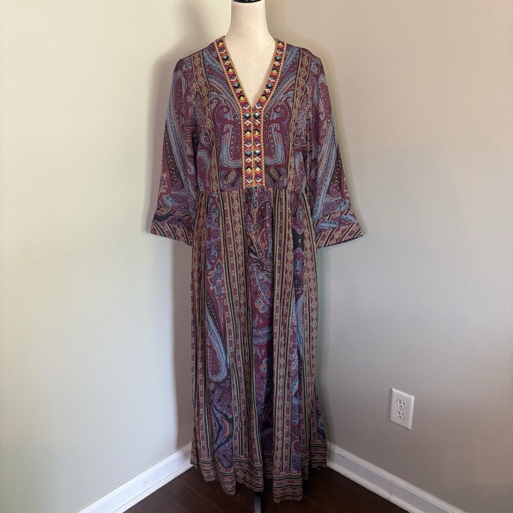 Soft Surroundings Mira Paisley Maxi Dress Medium Embroidered Boho M Cotton NWT